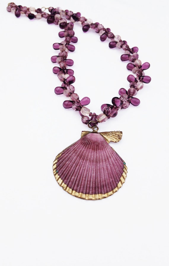 Purple Shell Necklace 16 in. shades purple glass beads by MauiKine