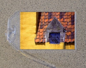 Leaded Glass Window Luggage Tag Name Address Bag Tags, Yellow Stone House Roof Shingles Home Building Europe Urban Landscape