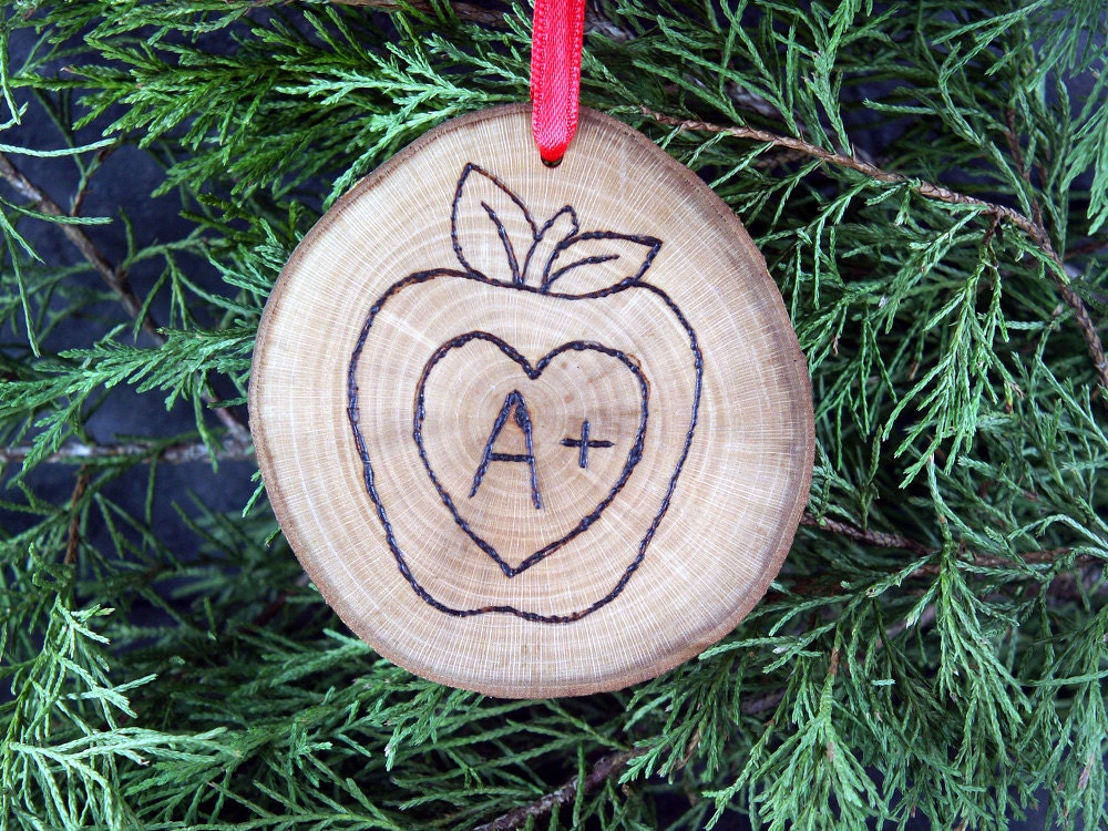 A+ apple handmade wooden ornament.