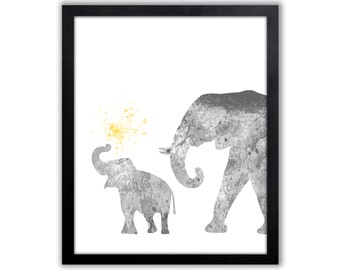 Gray And Yellow Nursery Art, Elephant Art, Watercolor Nursery Art - EL030