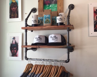 Industrial Clothing Rack and Double Shelf - Closet Organizer - Laundry Room Shelf - Clothes Hanger - Rustic