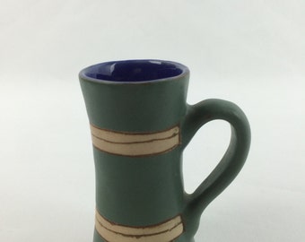 Small Vintage Coffee shot Mug with handle in Green, Cream, and Blue