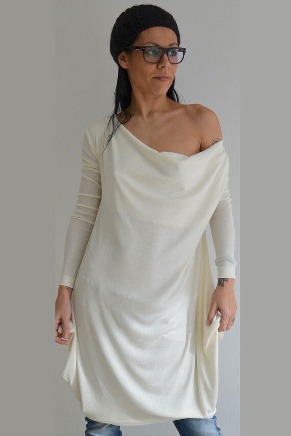 Fallen Shoulder Top Asymmetric tunic White Loose Top