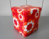 Vintage 1970s square tin canister, container with flower print in red, orange and white. MASSILLY. Made in France.