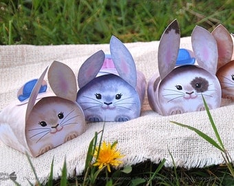 Bunny favor box Printable, Easter party gift box, Easter party decor, spring celebration, 6 cute fluffy bunnies, rabbits, DIY Easter bags