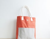 Orange canvas tote, light grey front pocket, cotton handles, everyday tote bag, tote school bag, orange and grey