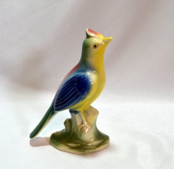 Pottery Bird Figurine Perched on a Tree Stump by ChicMouseVintage