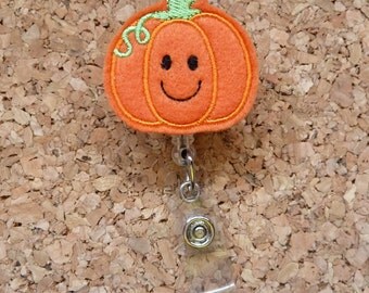 Happy Pumpkin Badge Reel | Fall ID Badge Reel | Felt Badge Reel | Retractable Name Holder | Nurse / Teachers / Office Workers | 370