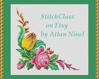 Floral corner with rosу tulip Cross Stitch Pattern Reconstructed according to tapestry style Berlin Wool work cross-stitch PDF crossstitch