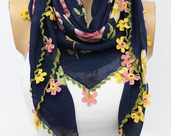 Turkish Anatolians Floral Scarf - Hand crocheted lace Oya - Yemeni - Cowl Gift Ideas Fashion Accessories