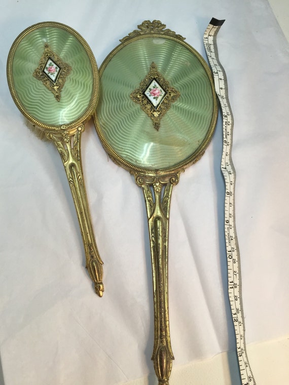Vintage Globe Vanity Dresser Hand Mirror & Hair Brush Set
