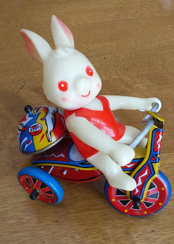 Vintage WindUp Bunny on Tricycle Tin Toy