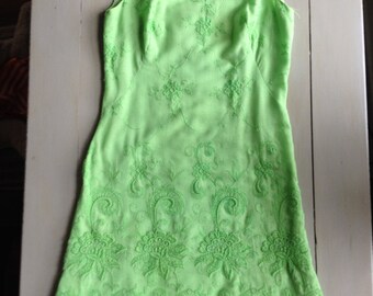 Vintage Lime Green Embroidered A-line Shift Dress