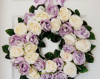 Lavender and Cream Rose Wreath | Front Door Wreath | Spring Wreath | Summer Wreath | Wedding Wreath | Baby Shower | Gift for Mom