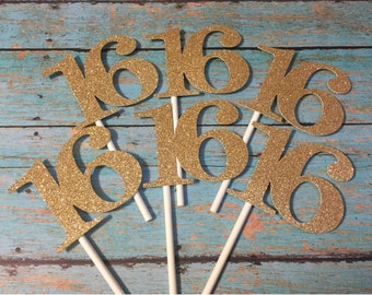 16 Cupcake Toppers, Sweet 16 Cupcake Toppers, Gold Cupcake Toppers, Sweet Sixteen Cupcakes