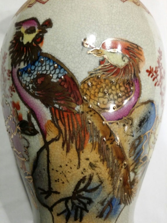 Vintage Floral Bird Vase Hand Painted Gold Asian by hoitytoityhome