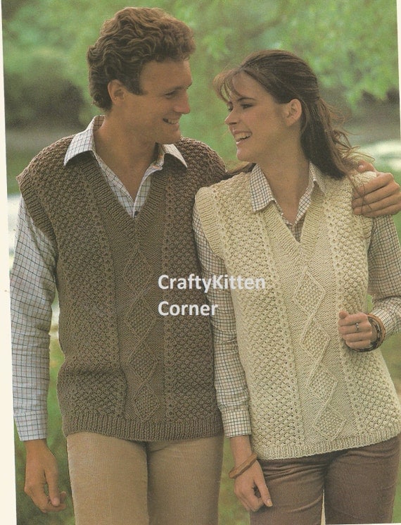 Vintage V Neck Aran Sweater Vests for Ladies and Men Knitting