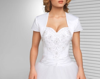 Simple short sleeved Satin Bridal Jacket | Simple Bolero in White, Ivory and Black