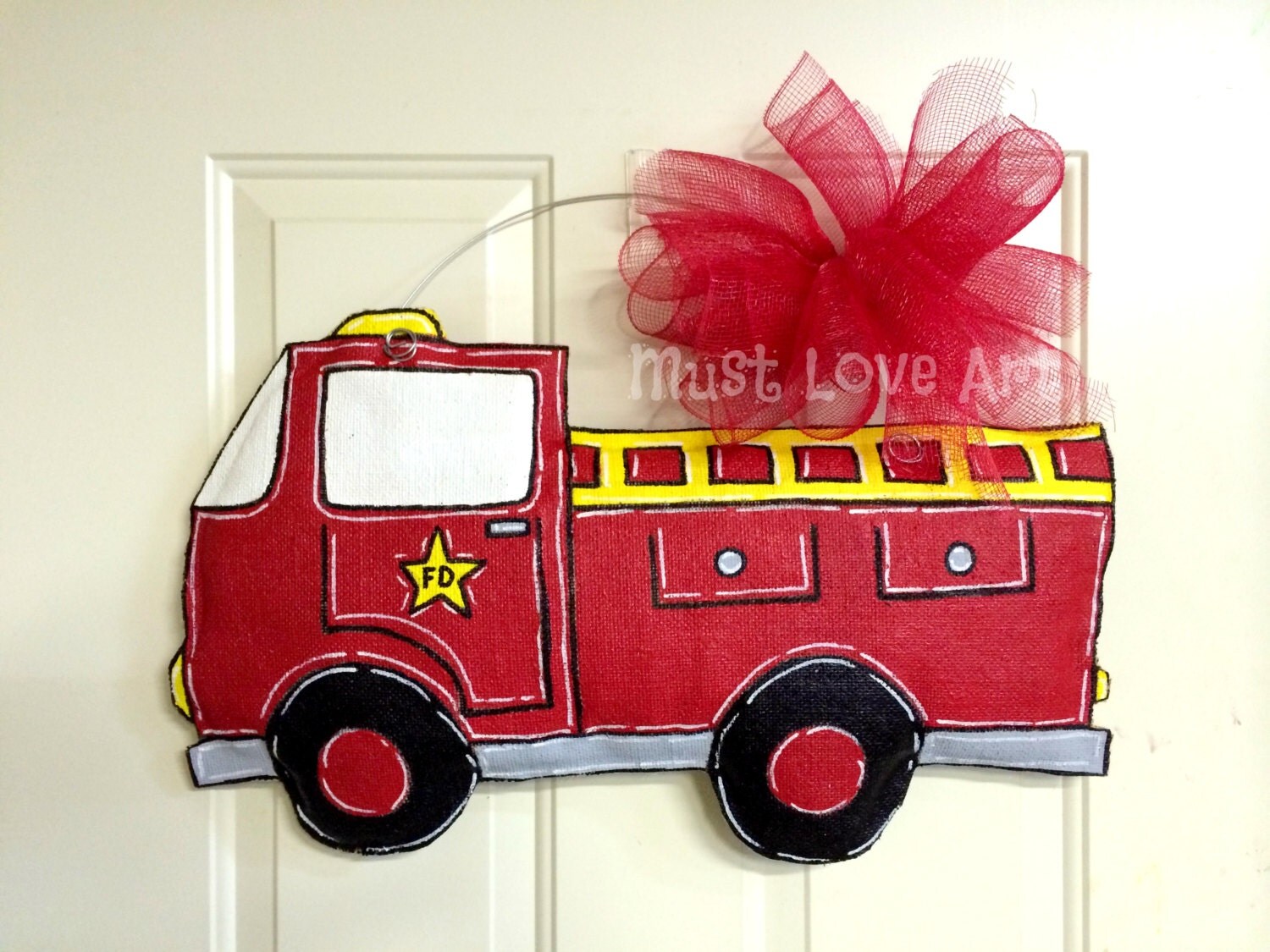 Firetruck Firefighter Wood Door Hanger Boys by MustLoveArtStudio