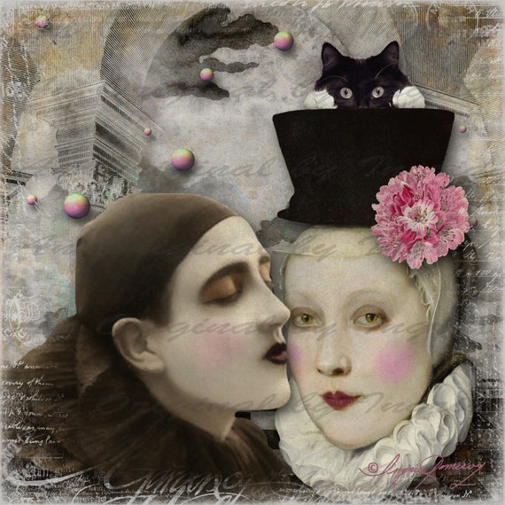A Perrot Kiss Digital Collage Greeting Card (Suitable for Framing)