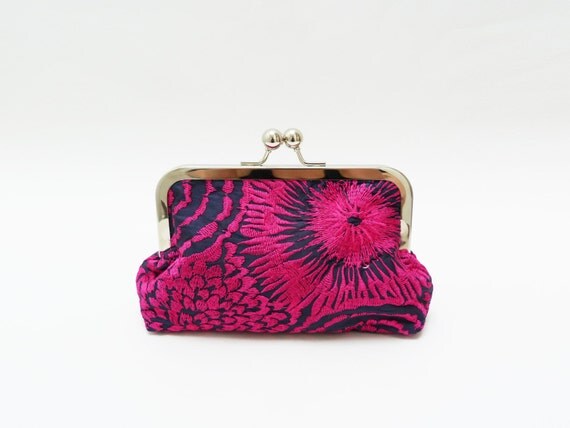 Magenta pink and navy blue Indian embroidered silk clutch bag