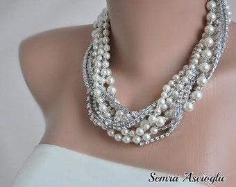2 set Pearl and rhinestone necklaces and pearl earrings,Vintage Style , Pearl and Rhinestone Necklace silver, brides necklace, bridesmaids