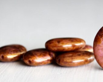 6 Rose/Bronze Picasso Flattened Ovals 20x14mm Czech Glass Beads