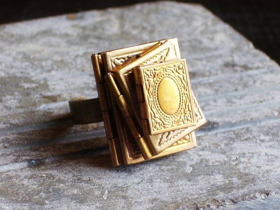 Book Locket Ring Stacked Antique Brass Books