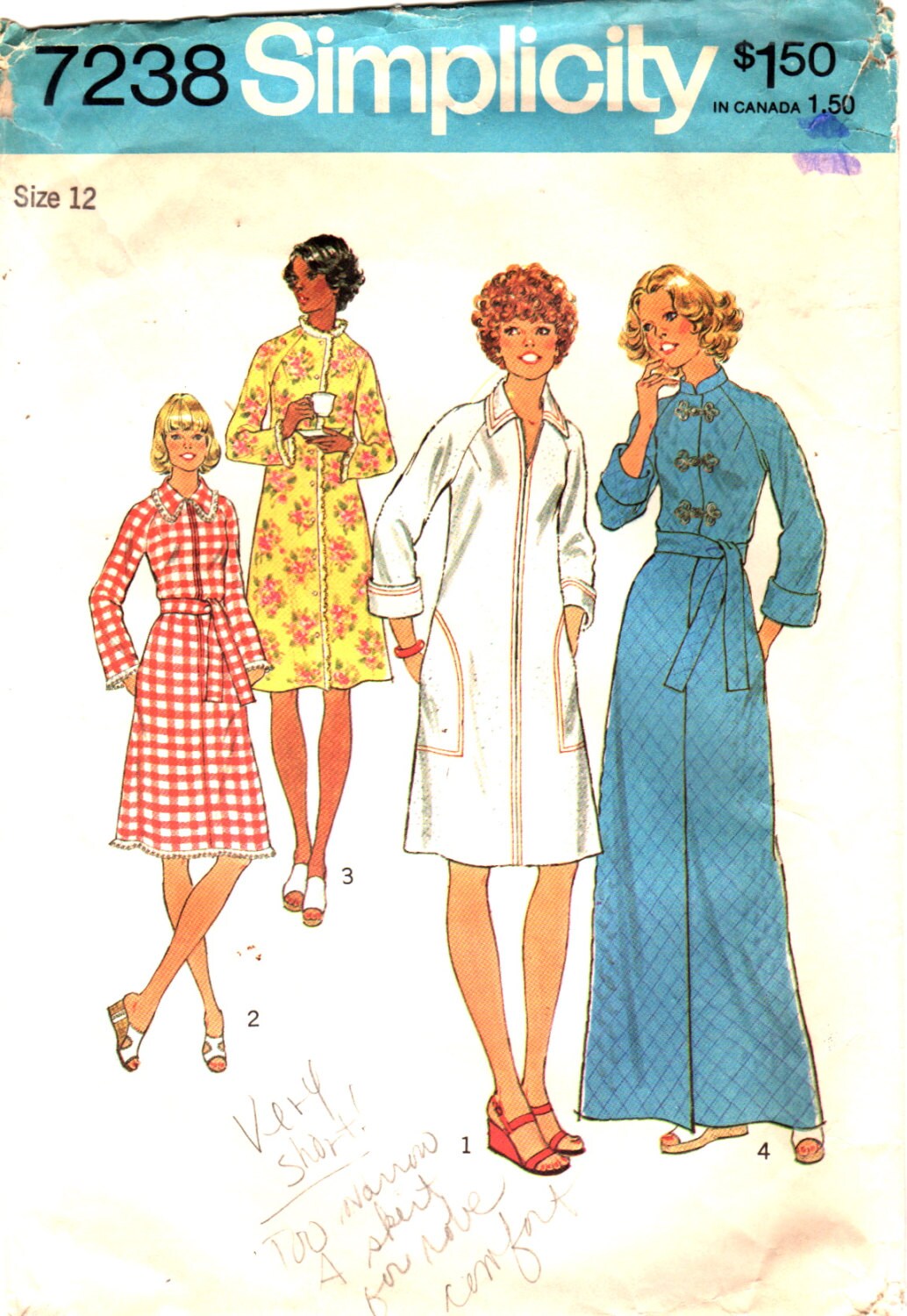 Simplicity 7238 1970s Misses Zip Front ROBE Pattern Womens