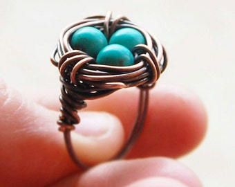Bird nest ring, Oxidized copper, Howlite Turquoise, Custom sized, Wire jewelry
