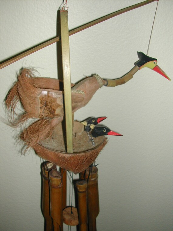 New Mother Baby Birds Wood And Shaved Coconut Shell Mother Baby Birds Wood And Shaved Coconut Shell Bamboo Wind Chime