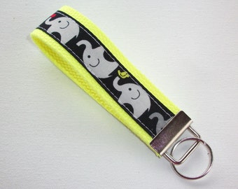 Key FOB / KeyChain / Wristlet - Gray Grey elephants on yellow - design your own