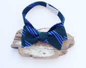Mens Bow Tie - Self Tie - Green and blue stripe satin - groomsmen tie - personalized - embroidered - monogrammed