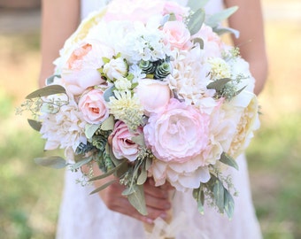 Silk Bride Bouquet Cream and Pale Pink Roses and Peonies Wildflowers Natural Bouquet Shabby Chic Vintage Inspired Rustic Keepsake (1003)