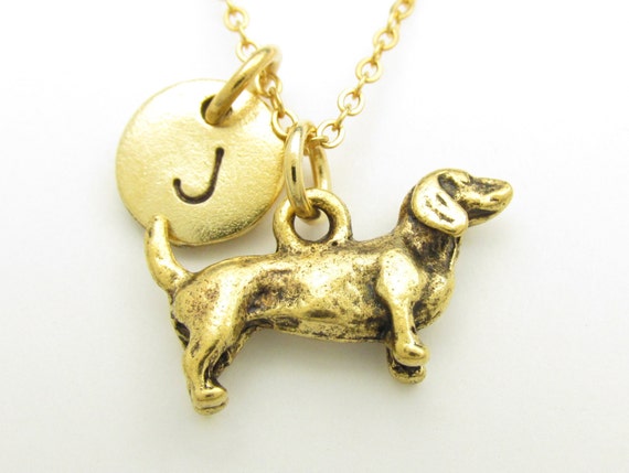 Daschund Dog Charm Necklace, Wiener Dog, Personalized, Initial Necklace, Antique Gold, Teckel Dog, Pet Dog Charm, Monogram Necklace Z215