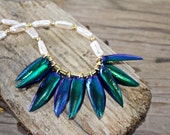 Beetle Wing and Pearl Necklace Green Blue Iridescent Elytra Wings with Ivory Baroque Pearls Organic Nature Jewelry