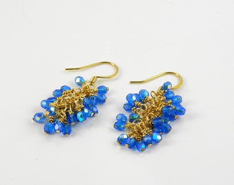 Dark Aqua Beaded Dangle Earrings, Gold Cluster Earrings , Malibu Blue
