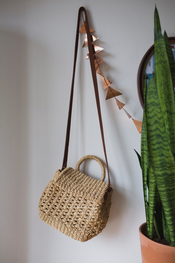 Vintage Straw Woven Cross Body Bag w/ Added Leather Strap