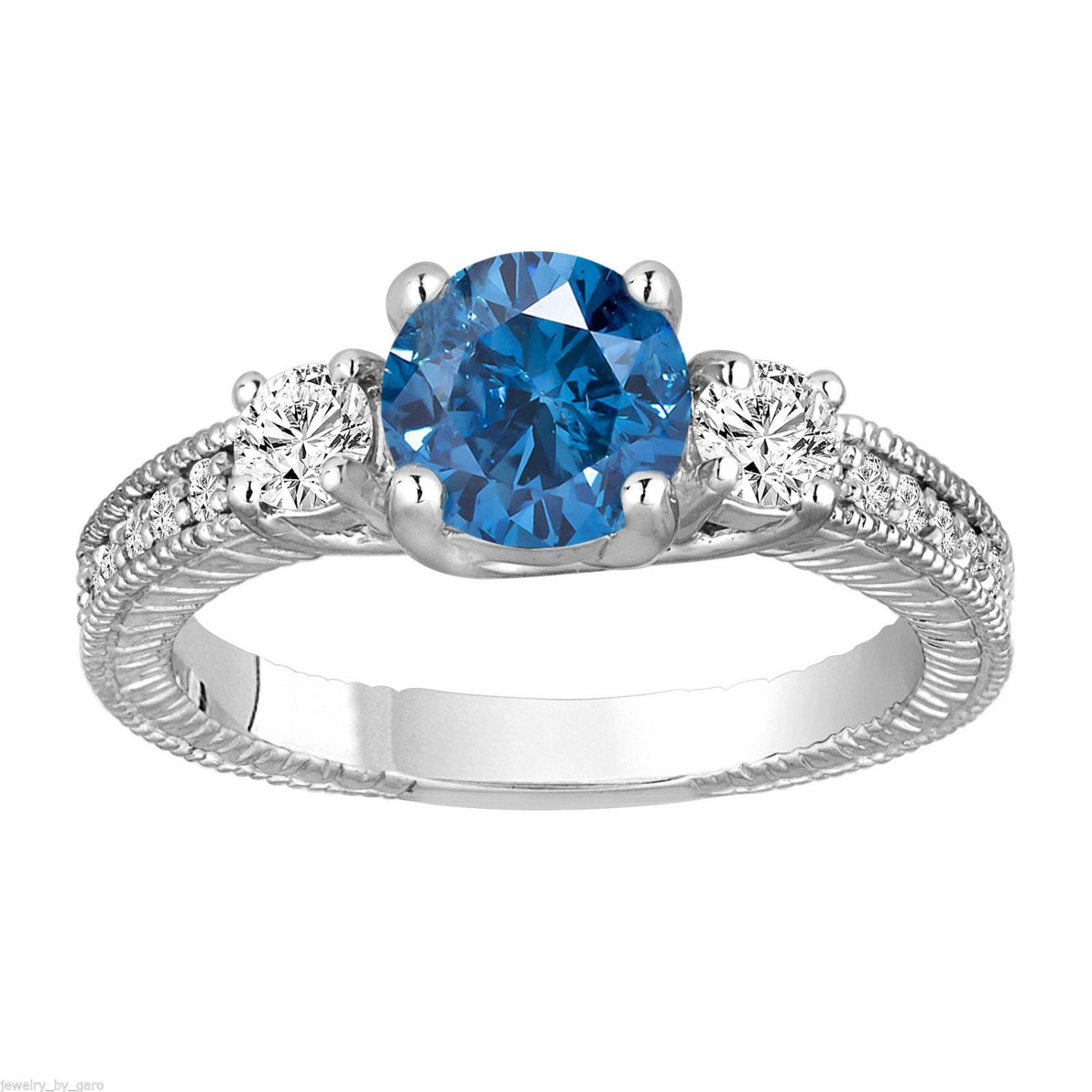 Fancy Blue & White Diamond Three Stone Engagement Ring 1.38