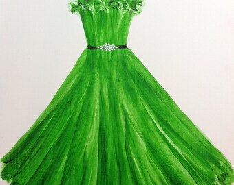 Fashion Illustration, St. Patrick's Day, Fashion Sketch, Fashion Print, Dress Painting, Green Dress, St Patricks Day..