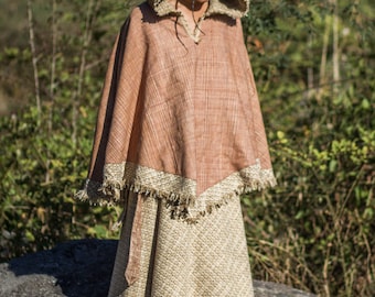Women Warm Poncho Cloak with hood and woolen inside Made of Hand Woven natural Khadi cotton with tribal embroidery