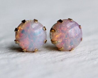 Pink Opal Studs in Brass Claws ... Vintage Fire Stud Earrings