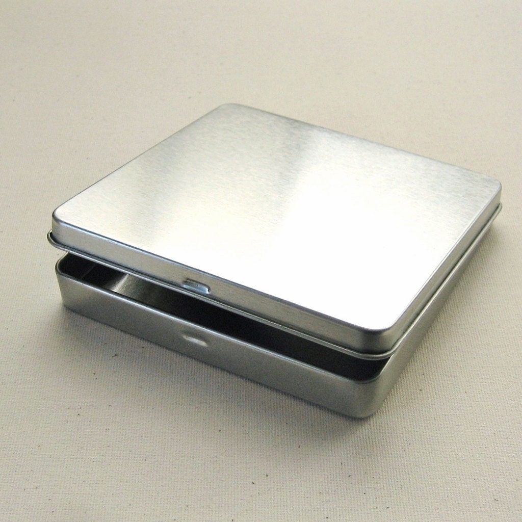 1 Square Tin Box with Hinged Lid 4 x 4 x .5 inch Perfect for