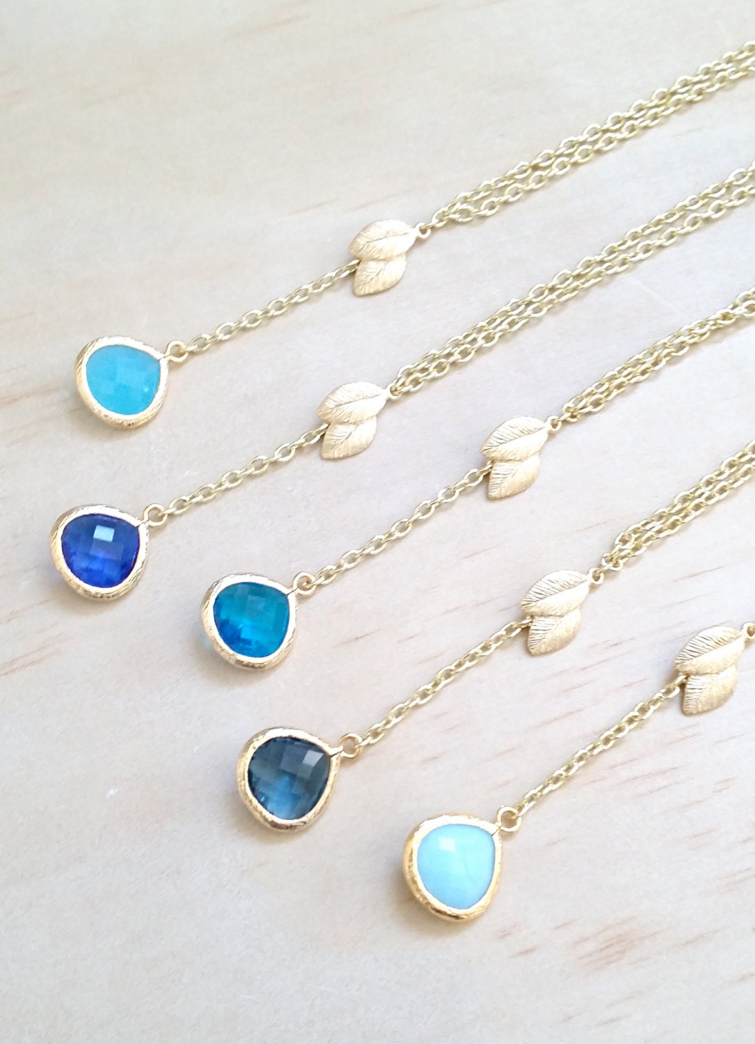 Blue Stone necklace Gold Leaf necklace Bridesmaid Necklace