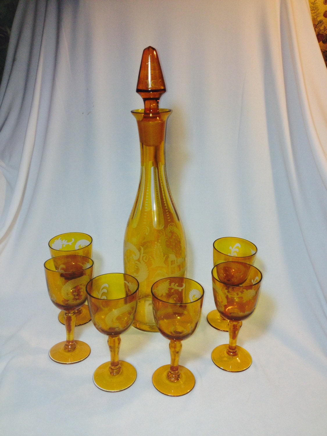 Vintage Amber Etched Glass Bar Ware Set With Decanter And Cordials