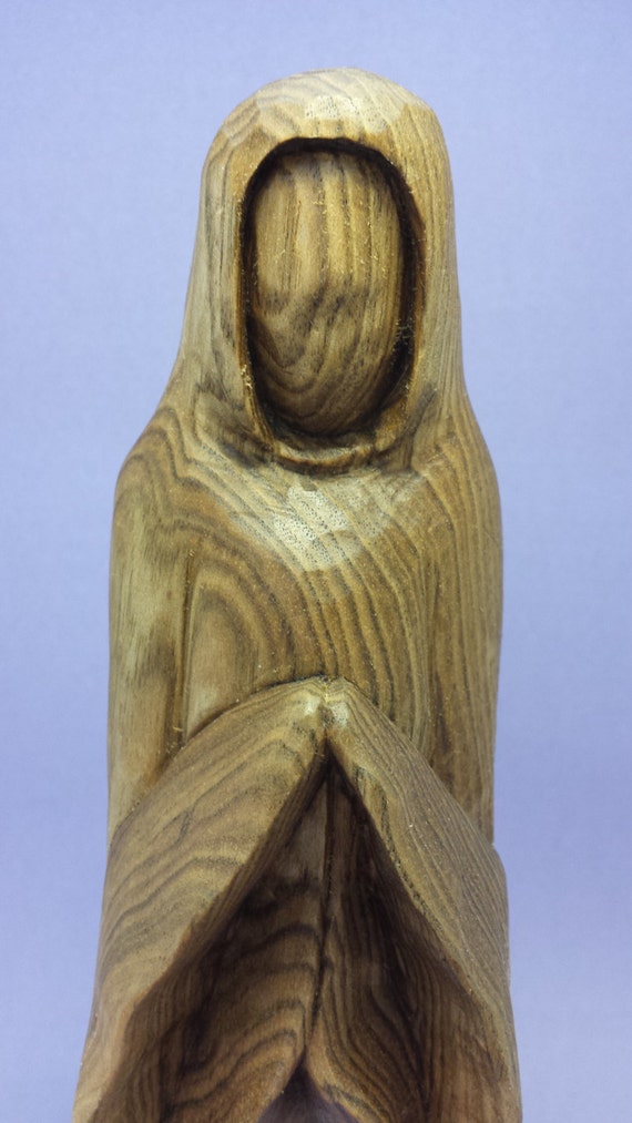 Hand carved stylized wood carving of woman praying hand made decorative religious gift for him gift for her OOAK butternut wood carving