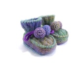 Hand Knitted Baby Booties - Blue, Green and Purple, 9 - 12 months