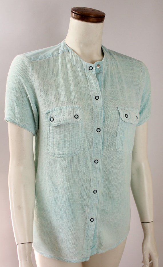 blue mesh button up shirt