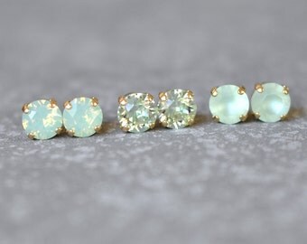 Seafoam Mint Bridesmaid Soft Pastel Green Wedding Jewelry Swarovski Crystal 8mm Stud Earrings Set of Three Chrysolite Green Opal Studs Bride
