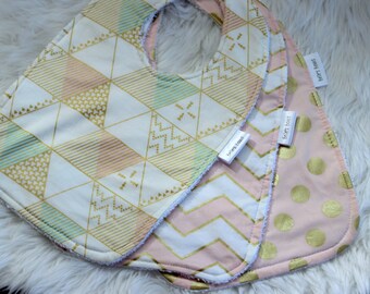 set of three baby girl bibs.Terry toweling.Pink and gold bibs.Baby girls bibs.Gold dot,gold chevron,soft pink.Pink and gold bibs.Baby Bibs.